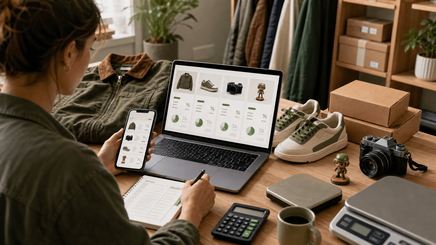Reseller comparing marketplace fees for clothing, sneakers, a camera, and collectibles