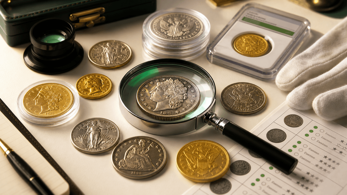 Rare coins, a coin capsule, and a magnifier on an appraisal desk