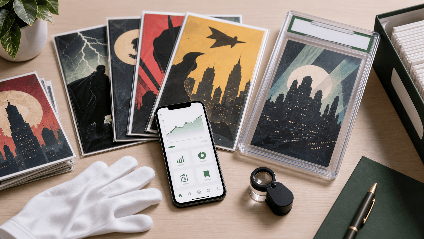 Generic sleeved comic books, grading slab, gloves, and phone for comic valuation
