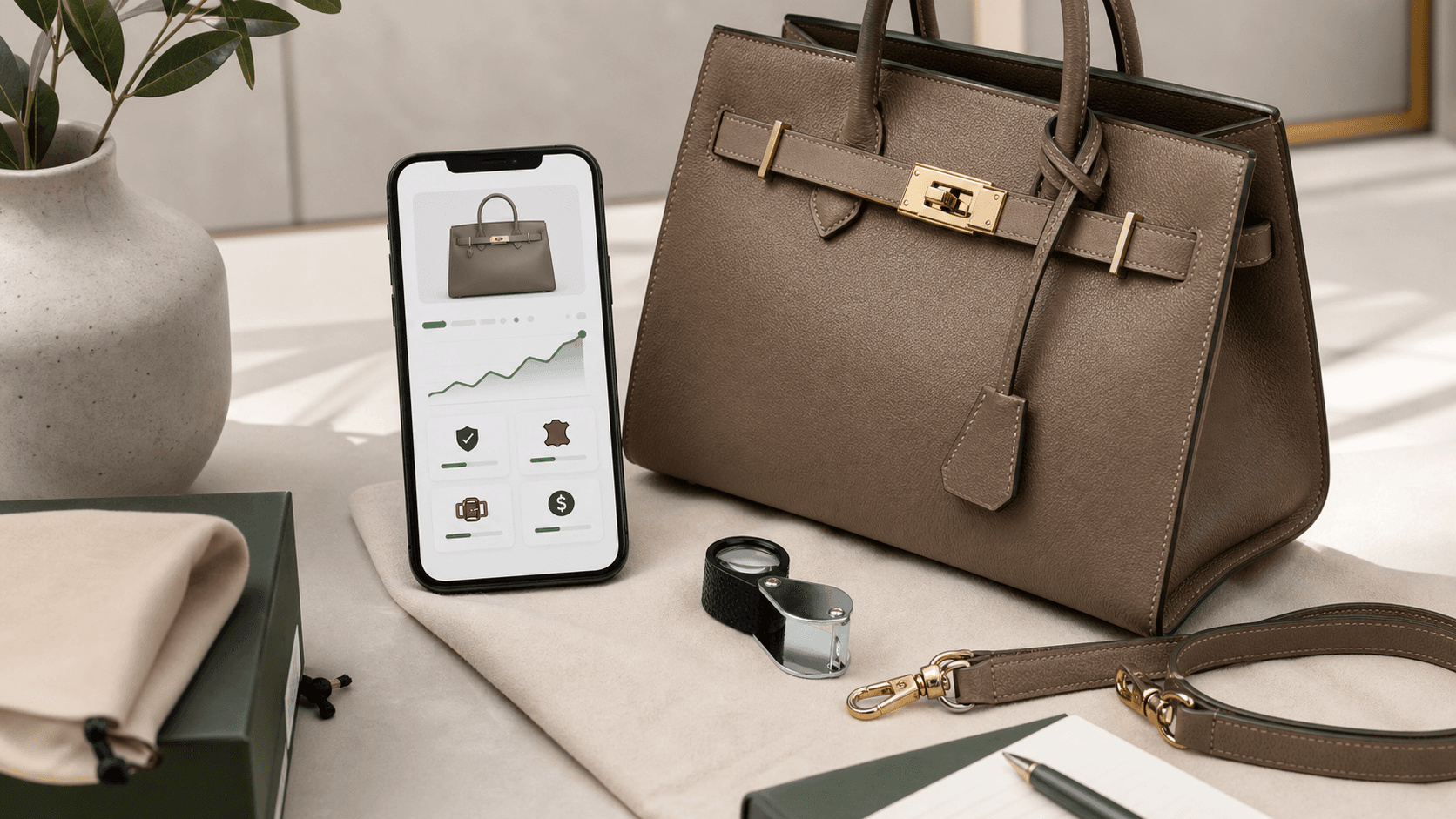 Generic leather handbag, loupe, dust bag, and phone for designer bag resale value checking