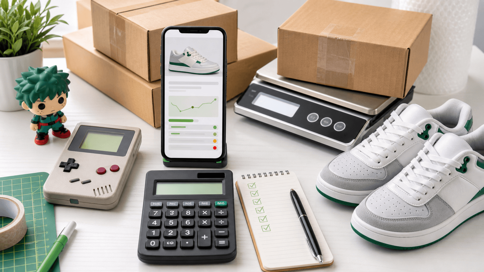 Resale profit workstation with phone price scan, calculator, shipping scale, boxes, sneakers, and collectibles