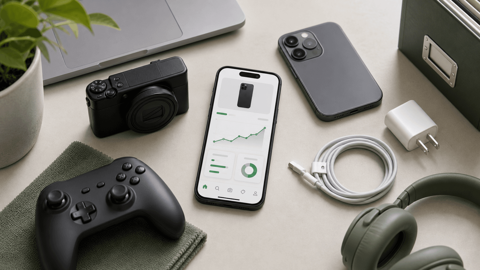 Generic phone, controller, camera, laptop, cable, and phone for electronics value checking