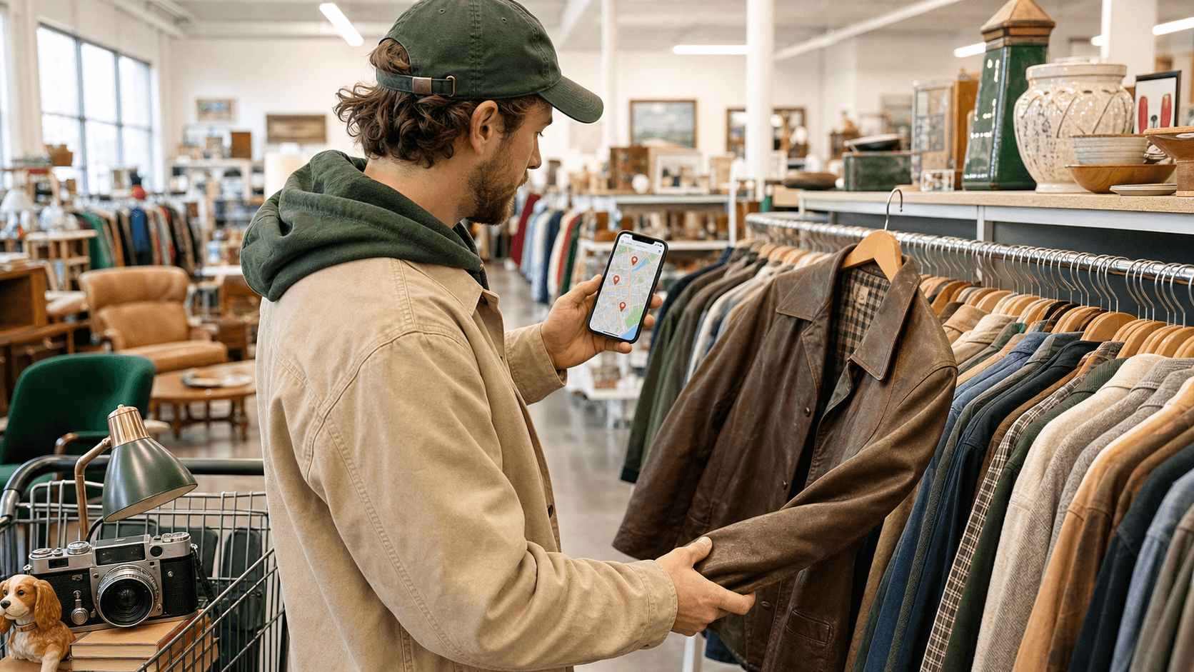 Reseller using a map to find thrift stores while inspecting a vintage jacket