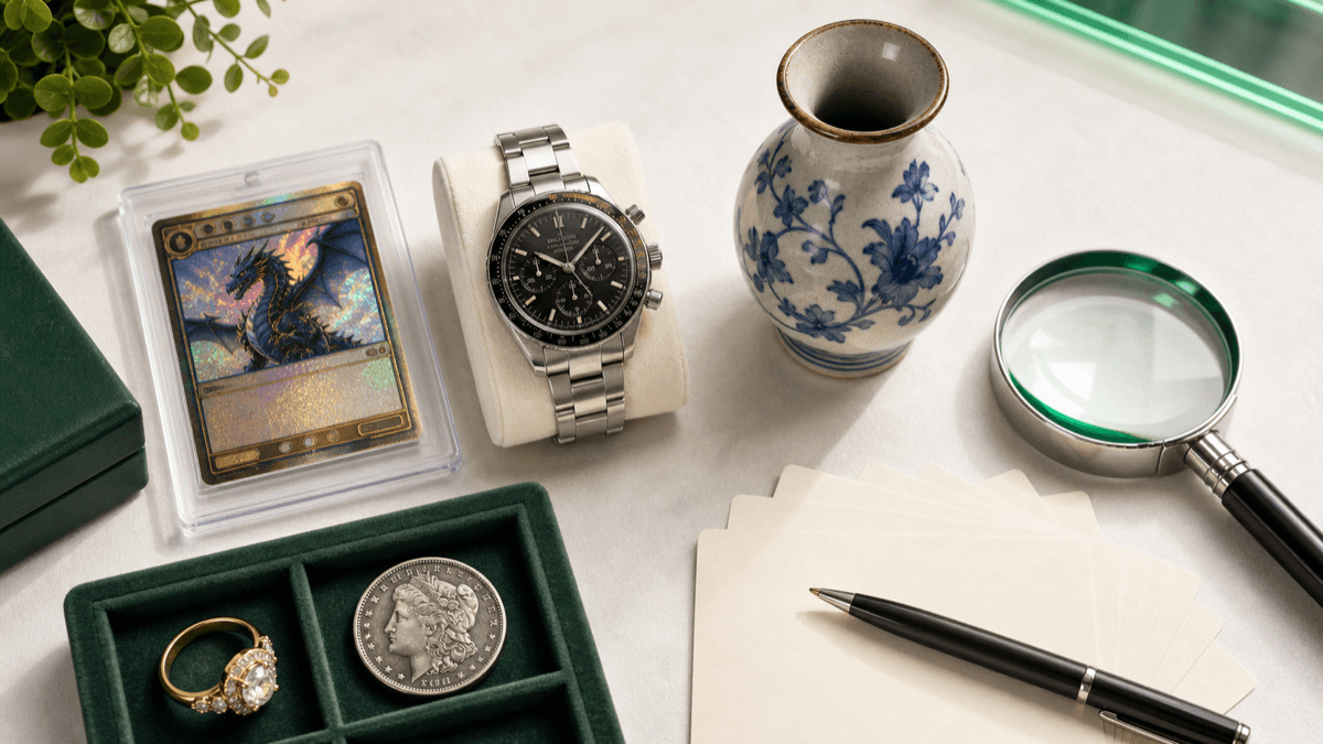 Appraisal desk with mixed collectibles, jewelry, a coin, and a magnifier
