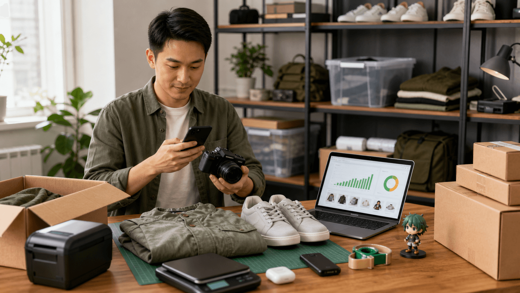 Organized eBay reseller scanning a camera at a home inventory and shipping workspace