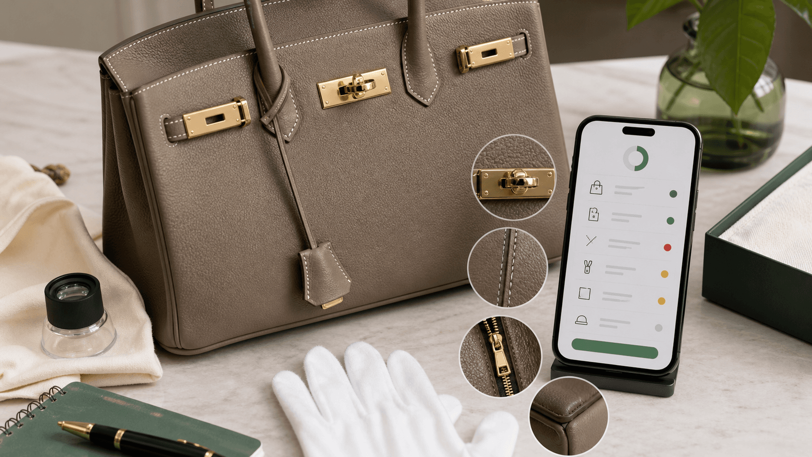 Generic leather handbag with loupe, gloves, hardware detail, and smartphone authenticity checklist