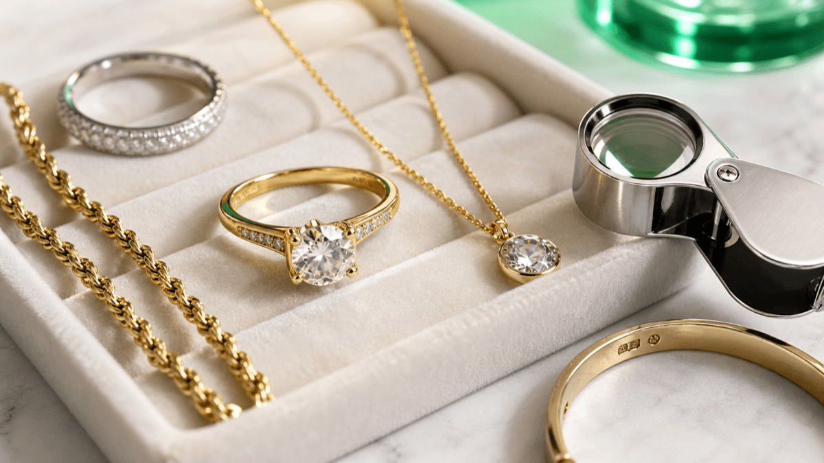 Gold jewelry, gemstone pieces, and a jeweler loupe on a velvet tray