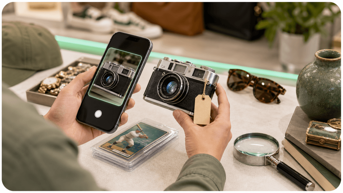 A smartphone scanning a priced secondhand item before purchase