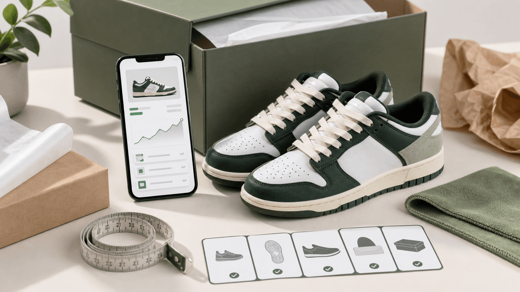 Generic collectible sneakers, shoebox, measuring tape, and phone for resale value checking