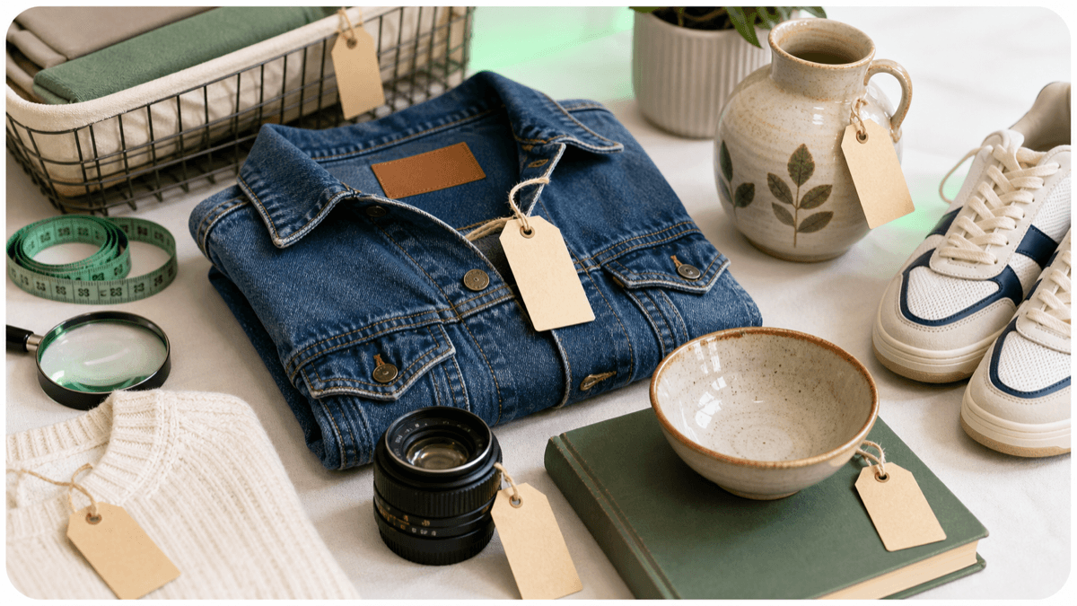 Curated thrift finds with a magnifier and resale pricing tools
