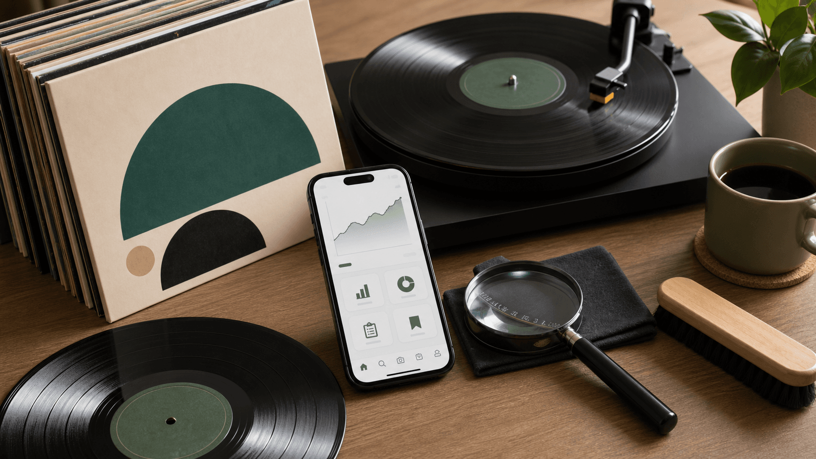 Vinyl records, abstract sleeve, magnifier, and phone for record resale value checking