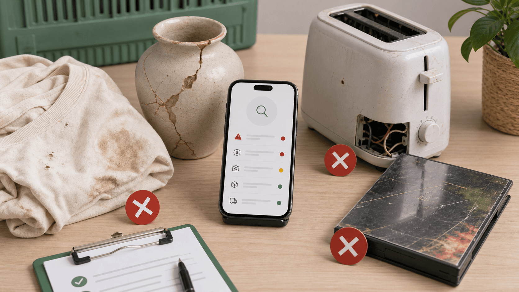 Problematic thrift items, scratched media, stained fabric, and phone for resale risk checking